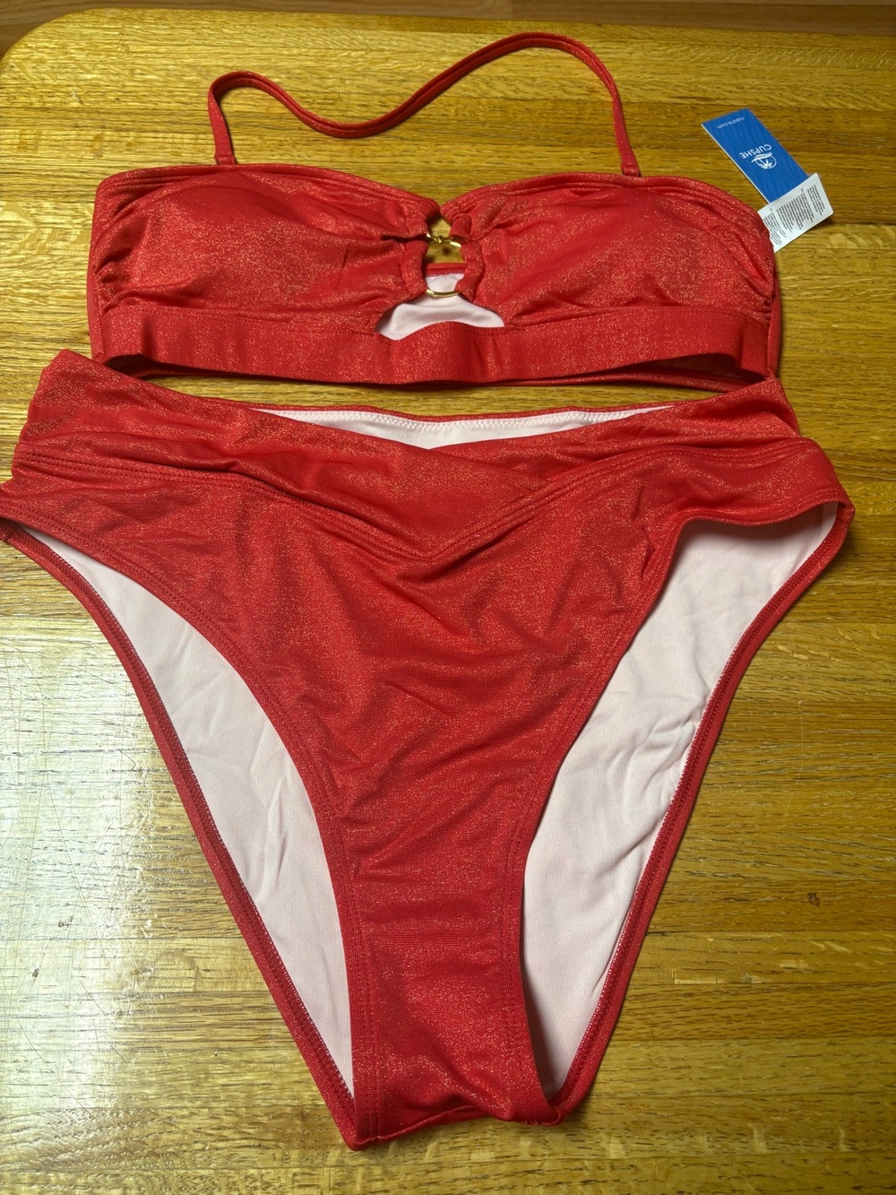 NWT Cupshe Shimmer Coral Bikini Set Gold Ring Cutout High Waist Swimsuit